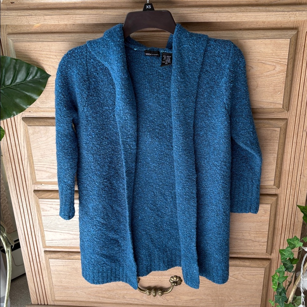 Moda International Textured Blue Knit Hooded Cardigan
